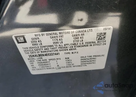 2014 Chevrolet Equinox Lt from USA, damaged, VIN 2GNALBEK4E6337441